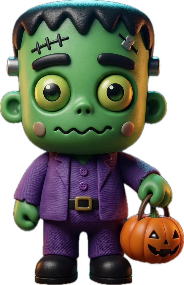 Sensei Stitches — the Limited Edition Halloween Kooshie: a small green Frankenstein karate figurine in a purple suit, holding a jack-o&rsquo;-lantern bucket