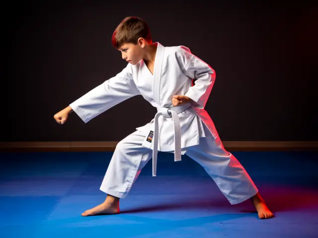 A child demonstrating the downward block